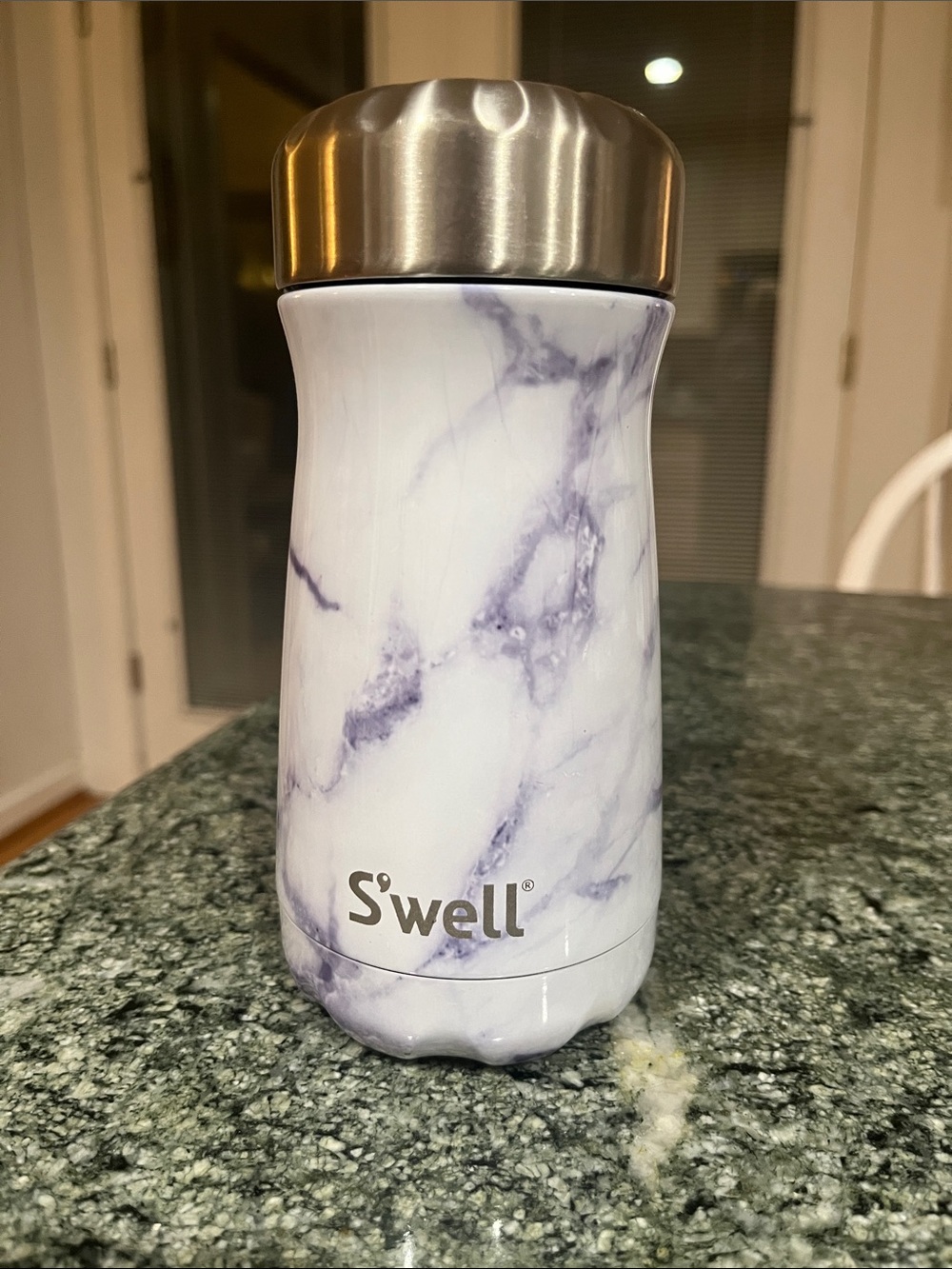 S'well White Marble Bottle with Light Purple Veining and Stainless Cap